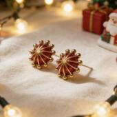 蒲公英 复古红绿珐琅通体925银厚镀18K金耳饰原创设计14g新年