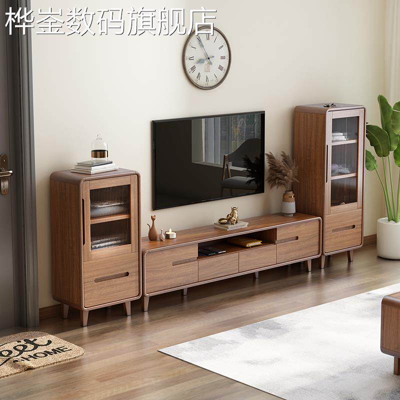 桦崟胡桃色钢化玻璃电视边柜家用现代简约中式边柜斗柜小户型客厅卧室床笠拉车
