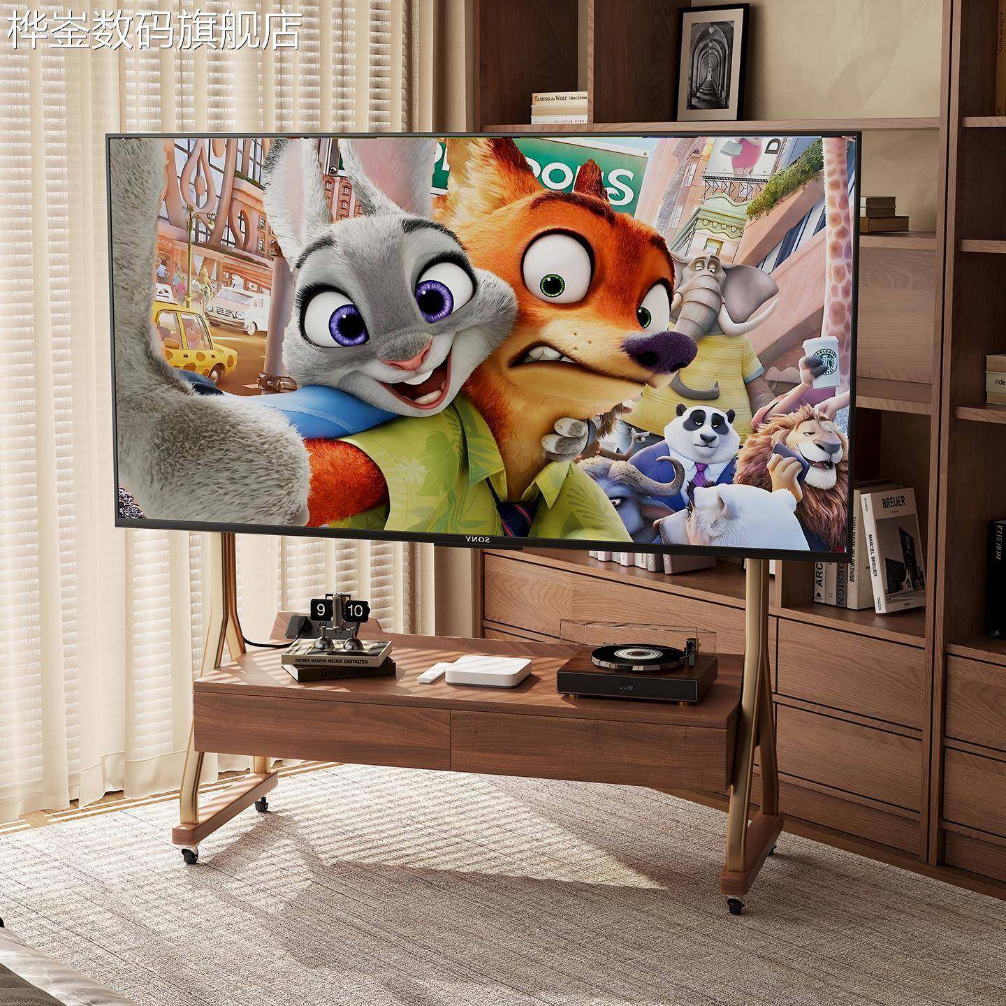 麦比梵实木可移动电视支架小户型现代简约家用落地储藏带滑轮电视机支架床笠拉车