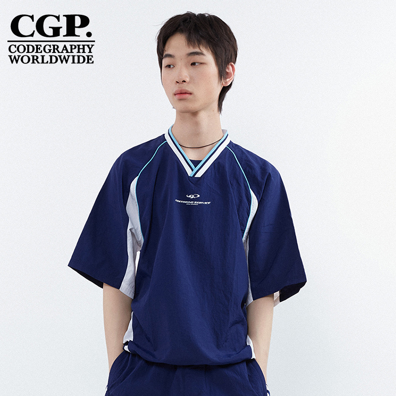 CODEGRAPHY夏季新款拼色V领短袖T恤衫休闲上衣男女同款CBDUUWS001