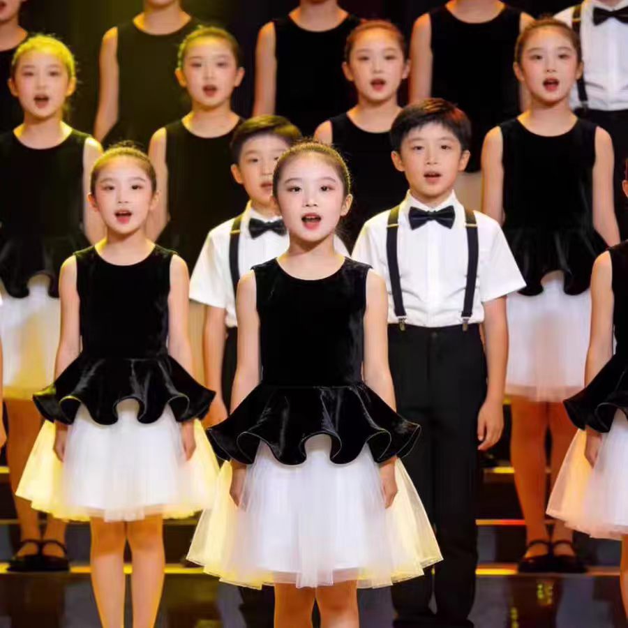 国庆儿童合唱演出服中小学生男女童黑白拼色网纱裙表演服装