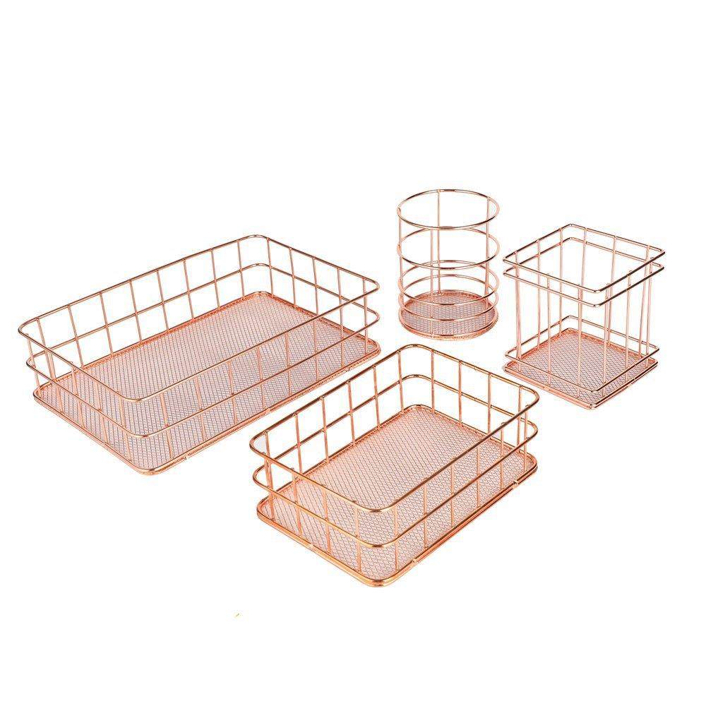 桌面收纳框铁艺收纳筐 整理收纳篮 玫瑰金色镂空家居收纳筐