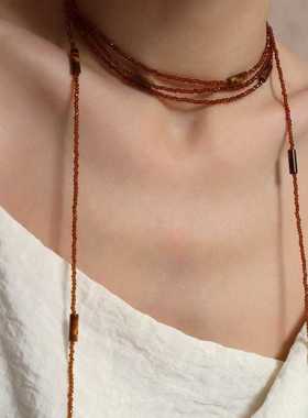 多层咖色水晶串珠长款项链choker虎眼石颈链小众时尚叠戴挂脖配饰