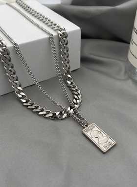 潮流方牌冷淡ins风男女嘻哈百搭配饰古巴拼接女皇双层项链