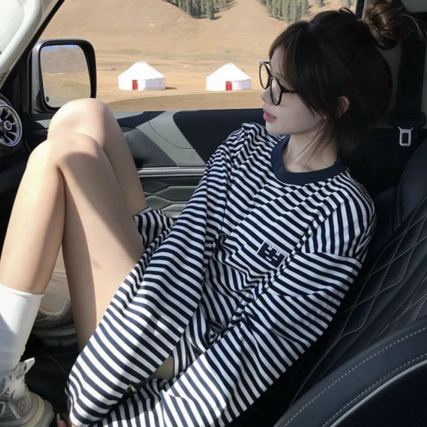 【无忧试穿】条纹撞色长袖t恤女