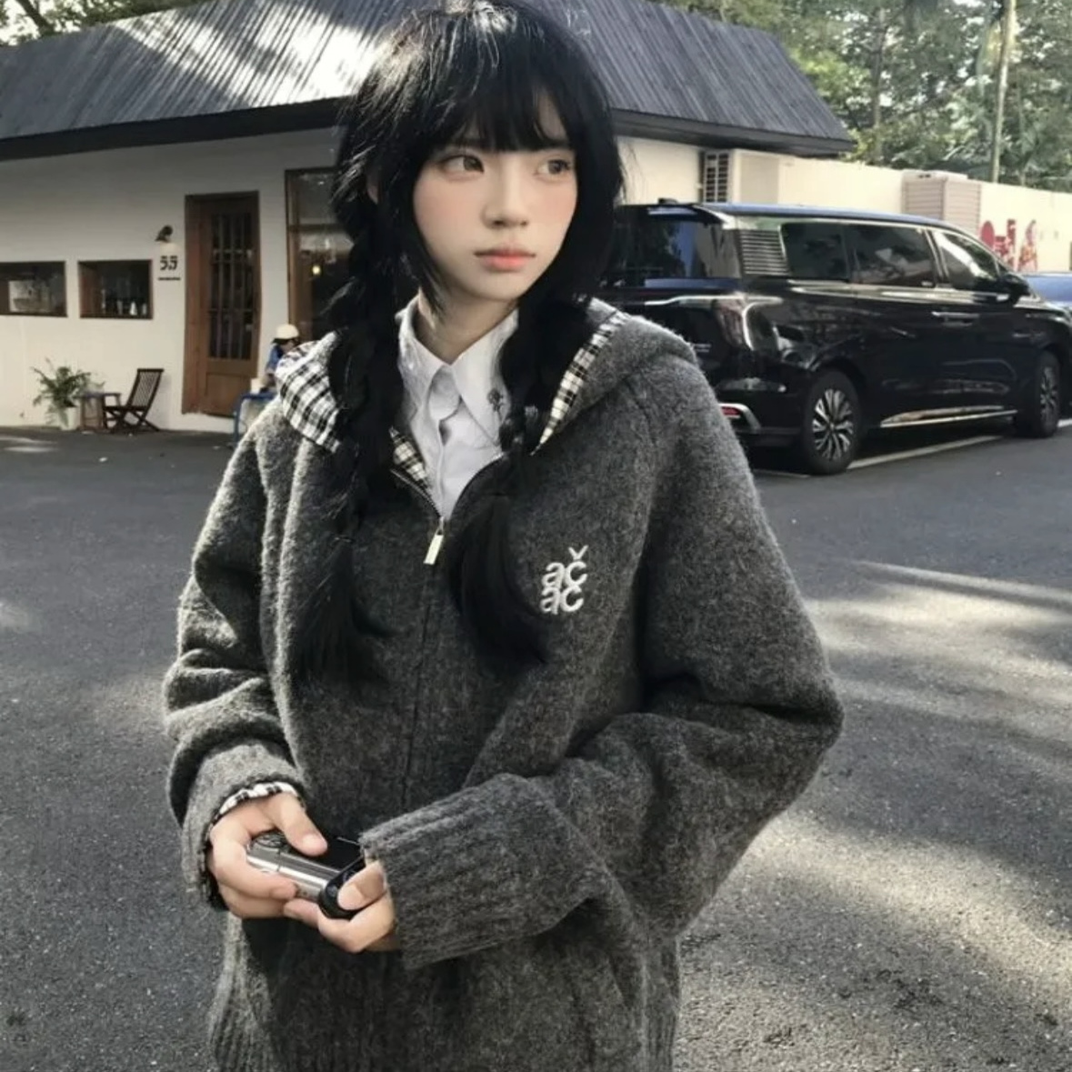 【无忧试穿】灰色格连帽毛衣外套