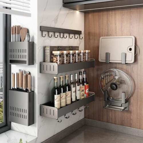 厨房置物架壁挂式免打孔枪灰砧板架刀架调味品多功能收纳调料架子