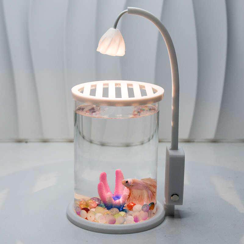 鱼缸斗鱼专用超白小型懒人玻璃缸客厅创意桌面摆件高级感观赏灯