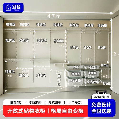 宜佳步入式开放式金属衣柜卧室家用全钢架结构定制衣帽间储物架