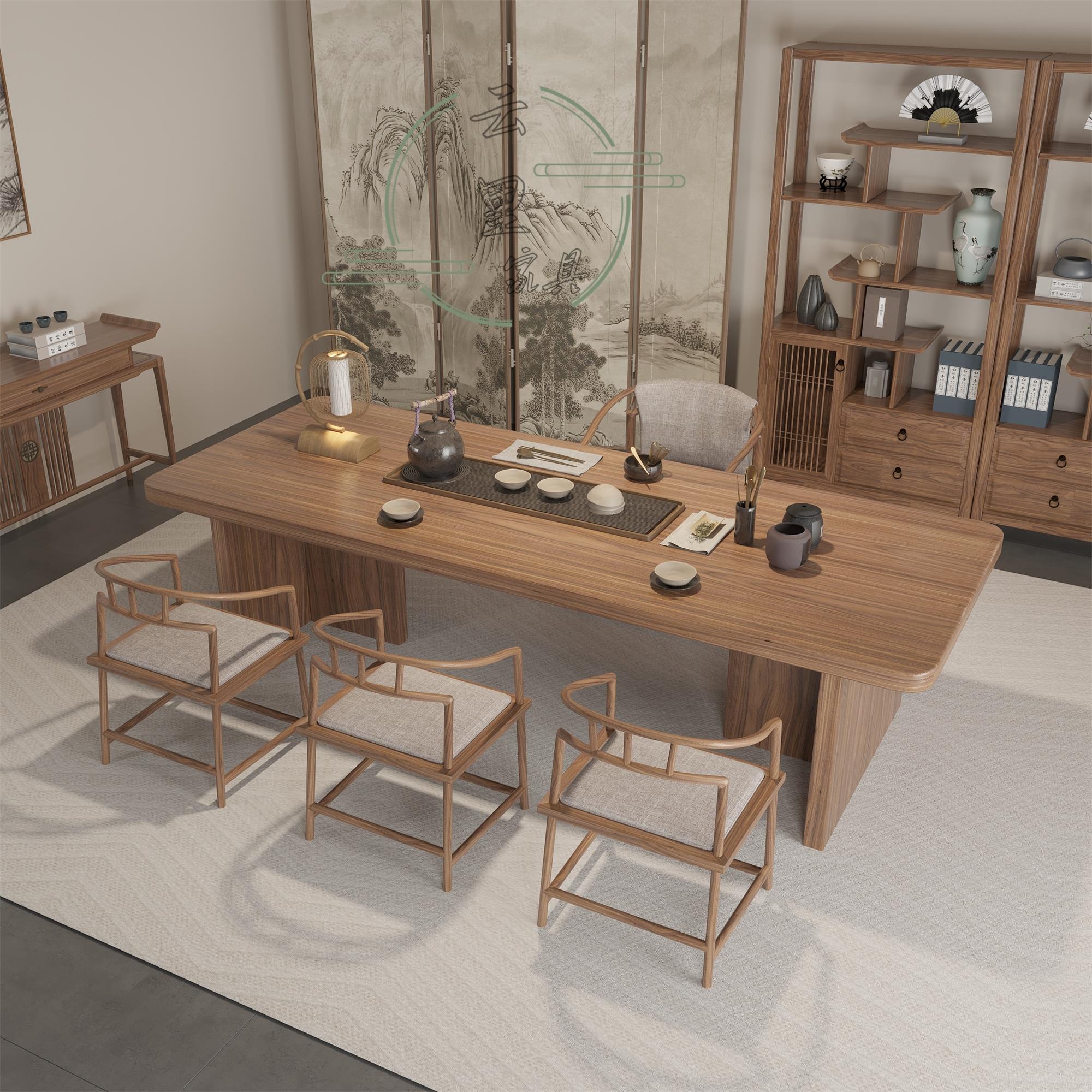 新中式实木茶桌椅组合一体书桌客厅会所别墅民宿简约高端家具定制