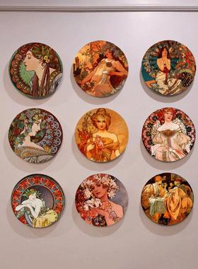 Mucha穆夏手绘海报装饰盘复古欧式女人肖像瓷盘画沙发背景墙挂画