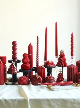 法式复古酒红色烛台摆件装饰摆件节日婚礼艺术造型家居空间装饰品