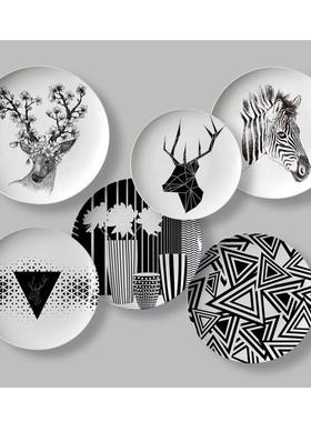 黑白色系挂盘装饰盘子陶瓷餐厅墙上面壁饰客厅工艺摆件瓷盘定制