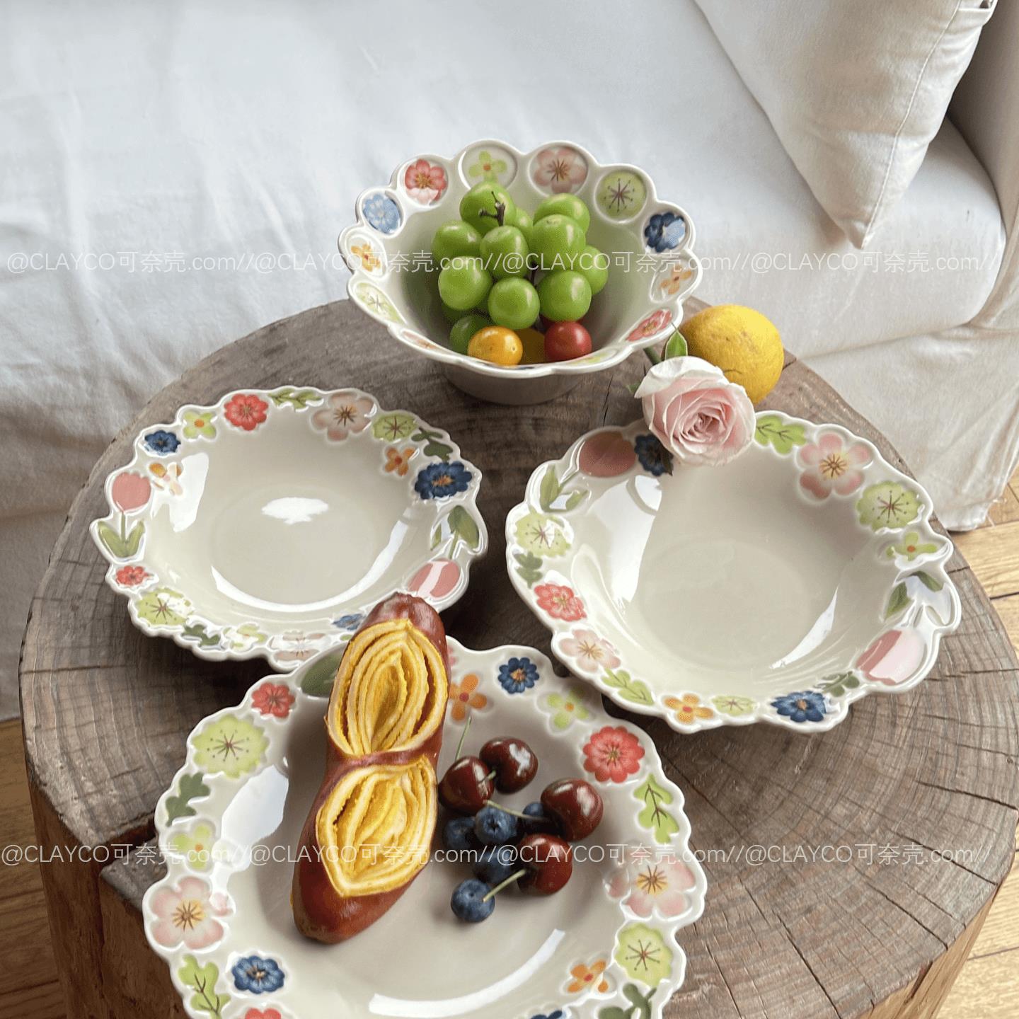 ClayCO日式覆古创意繁花森系陶瓷餐具高颜值釉下彩深盘平盘早餐盘