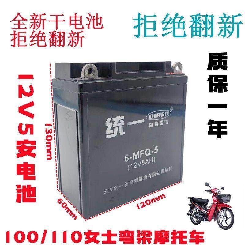 适用大阳100/110女士弯梁摩托车免维护蓄电池12V5统一干电瓶