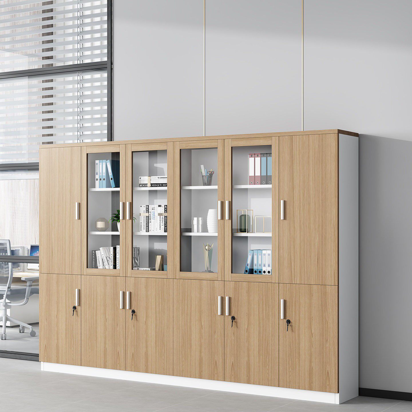 办公室置物柜木制文件柜落地式带锁储物柜简约玻璃门资料收纳柜