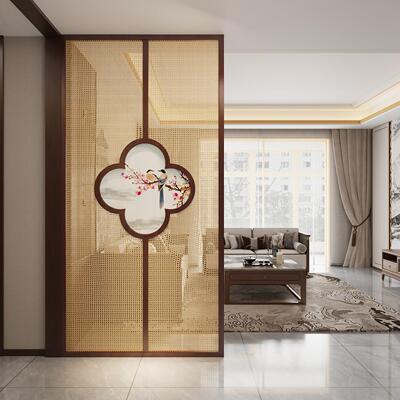 宋氏美学新中式实木屏风隔断客厅茶室遮挡墙玄关现代藤编顶天立地