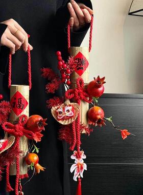 创意竹筒万字节新年春节乔迁新居客厅摆件年宵花小扫把装饰门挂