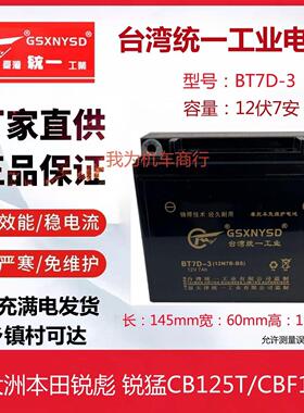 适用新大洲本田锐彪 锐猛CB125T小太子摩托车统一电瓶12V7A蓄电池