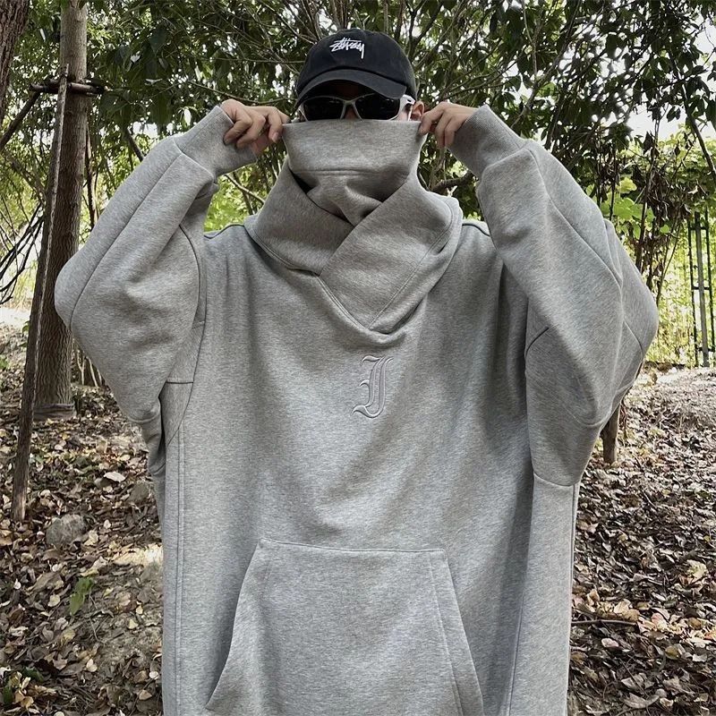 i人社恐男秋冬季美式机能风重磅连帽外套加绒加厚宽松高领卫衣G-1