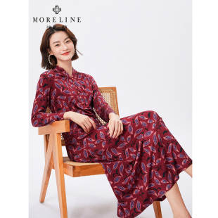MORELINE沐兰春秋法式V领优雅系腰修身印花长袖连衣裙