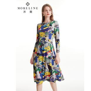 MORELINE沐兰法式优雅印花连衣裙2025年春季高腰A字裙中长款
