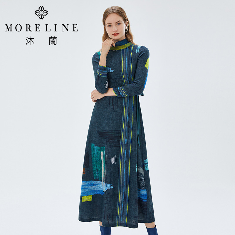 MORELINE沐兰冬季优雅别致艺术设计感印花针织连衣裙