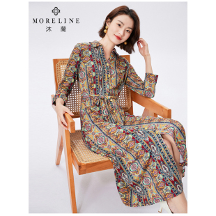 MORELINE沐兰2025年春季复古民族风印花腰带收腰衬衫裙连衣裙