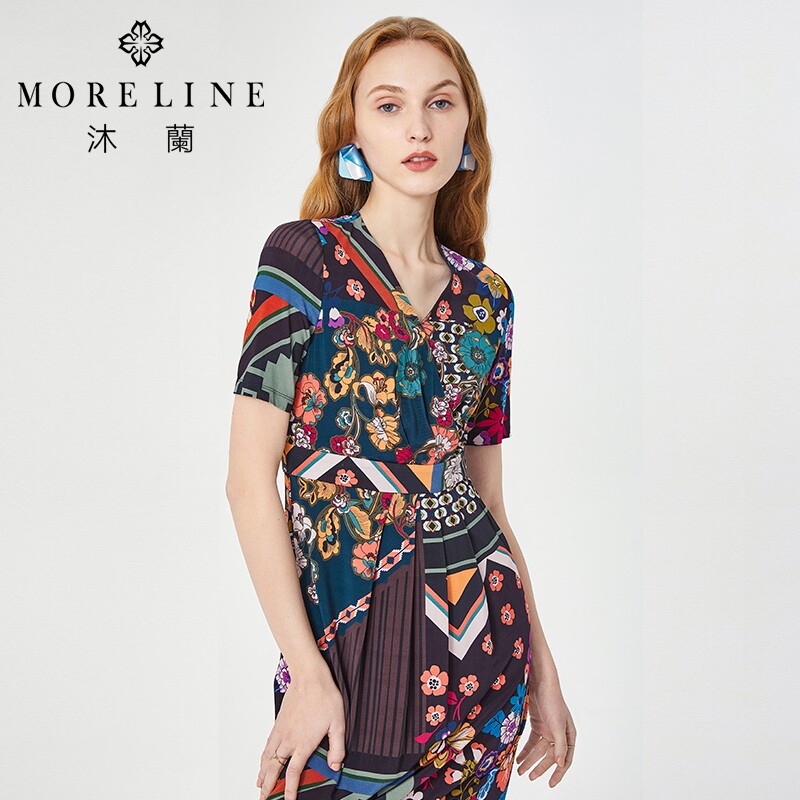 MORELINE商场同款夏季法式v领印花连衣裙收腰小个子设计感女