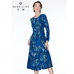 沐兰商场同款2025年春季法式设计感收腰修身印花连衣裙中长款