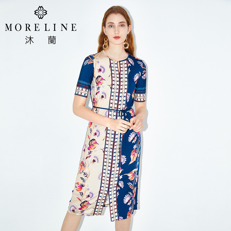 MORELINE商场同款女士复古印花气质优雅知性洋气连衣裙