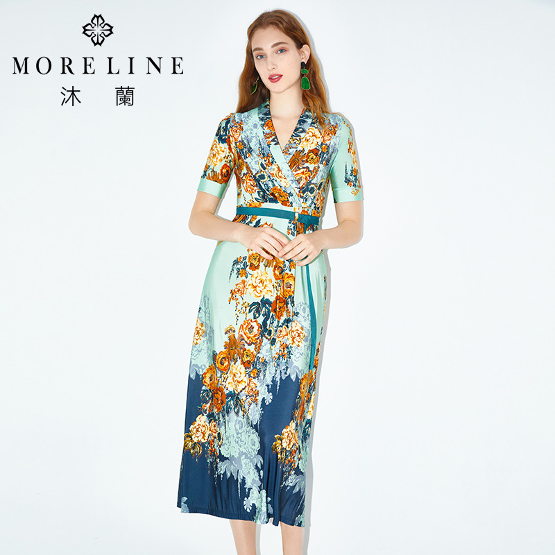 MORELINE商场同款连衣裙女士艺术印花百搭优雅气质中长款