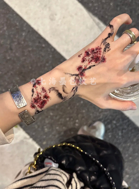 梅花仙鹤手背彩色纹身贴防水持久