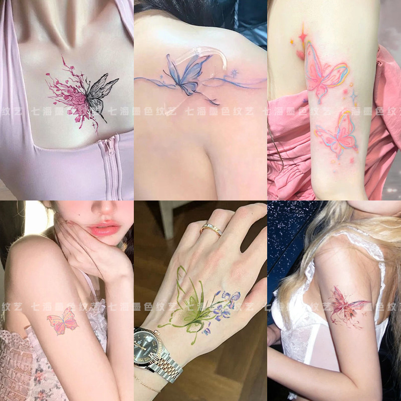 纯欲风高颜值彩色蝴蝶纹身贴女防水持久手臂锁骨腰部仿真刺青贴纸