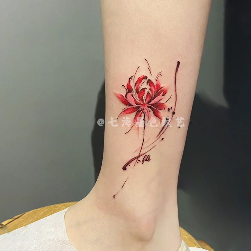 余烬彼岸花彩色纹身贴女防水持久中国风高颜值可水洗持久小腿脚踝