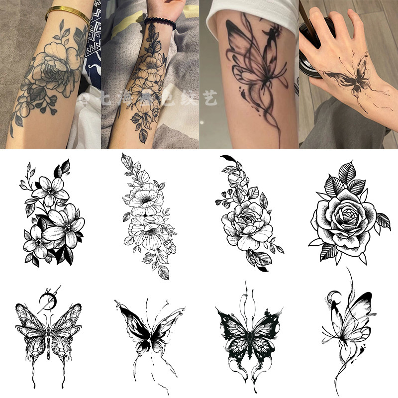 素花草本纹身贴半永久蝴蝶手臂辣妹逼真甜酷刺青色防水持久洗不掉
