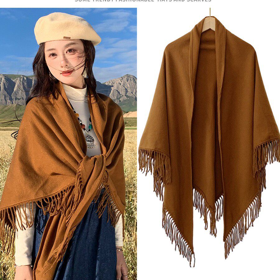 三角仿羊绒外搭薄款大披肩女春秋保暖围巾夏季空调房百搭斗篷洋气