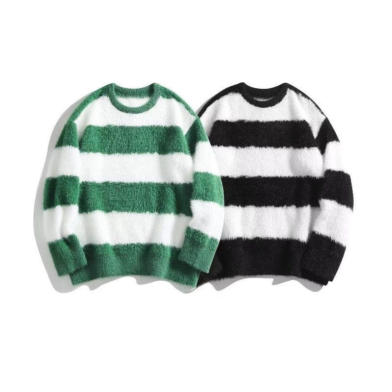 美式复古慵懒风软糯黑白条纹毛衣