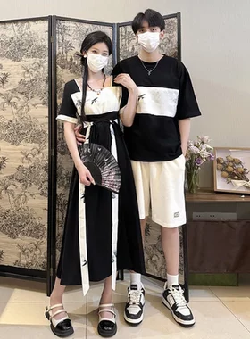 [衬衫旗袍裙情侣装连衣裙买一送一短袖]国风新中式两件套方领夏装