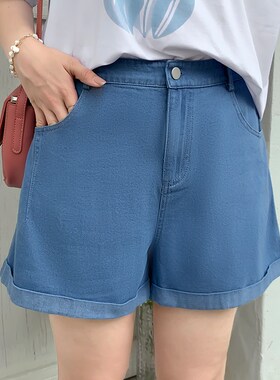 大码女装胖mm春夏牛仔短裤高腰百搭宽松显瘦阔腿a字短裤31755。