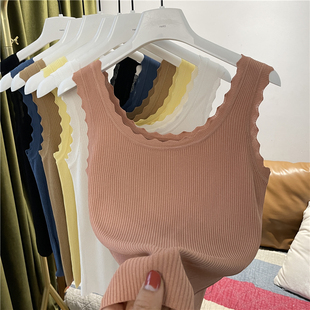 齿轮波浪边冰丝针织背心女韩版圆领套头纯色无袖修身内搭上衣打底
