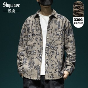 休闲高级花衬衣男装 春秋重磅牛仔衬衫 满印外套宽松大码 新款 男长袖