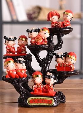 新中式结婚娃娃摆件婚庆小木桩套装工艺品创意客厅桌上摆饰高级感