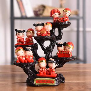 新中式结婚娃娃摆件婚庆小木桩套装工艺品创意客厅桌上摆饰高级感