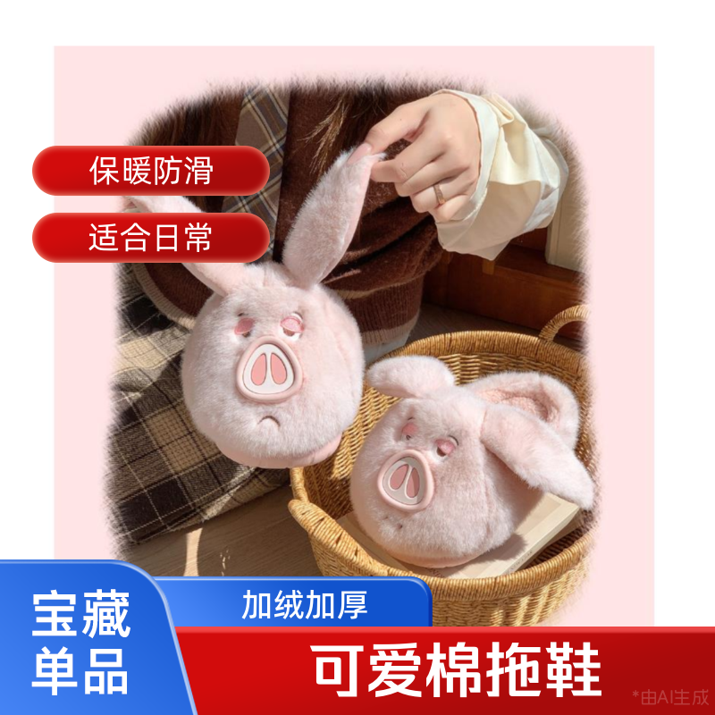飞天小猪棉拖鞋冬季家居女士保暖室内厚底防滑加绒加厚拖鞋可外穿