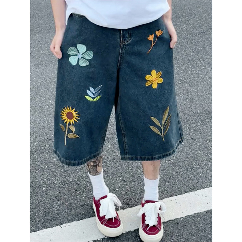 ins风花卉刺绣牛仔阔腿七分裤