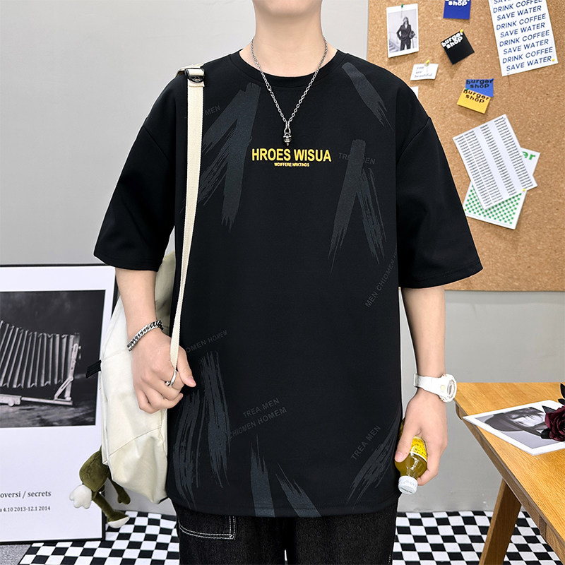 港风潮牌极简印花宽松短袖T恤男