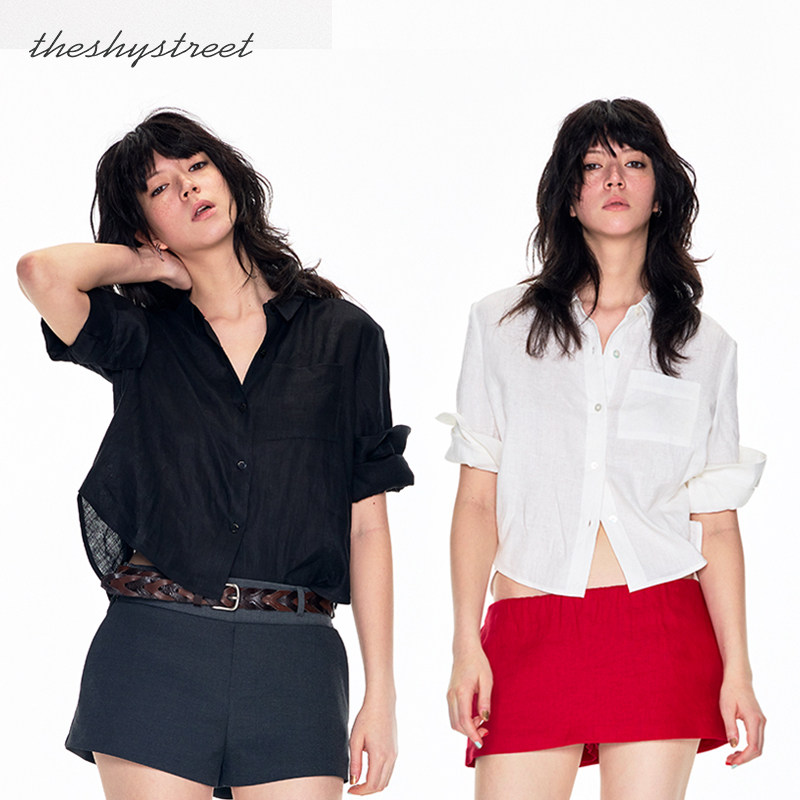 THE SHY STREET001FIT 短型手工卷袖短袖衬衫(亚麻)纯色宽松上衣