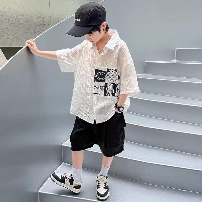 男童夏装短袖衬衫套装大童2025新款儿童夏季休闲男孩帅气时髦酷潮
