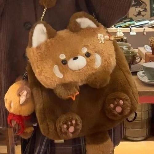 新年小浣熊双肩背包学生单肩三花猫斜挎背包小熊猫公仔包玩偶书包